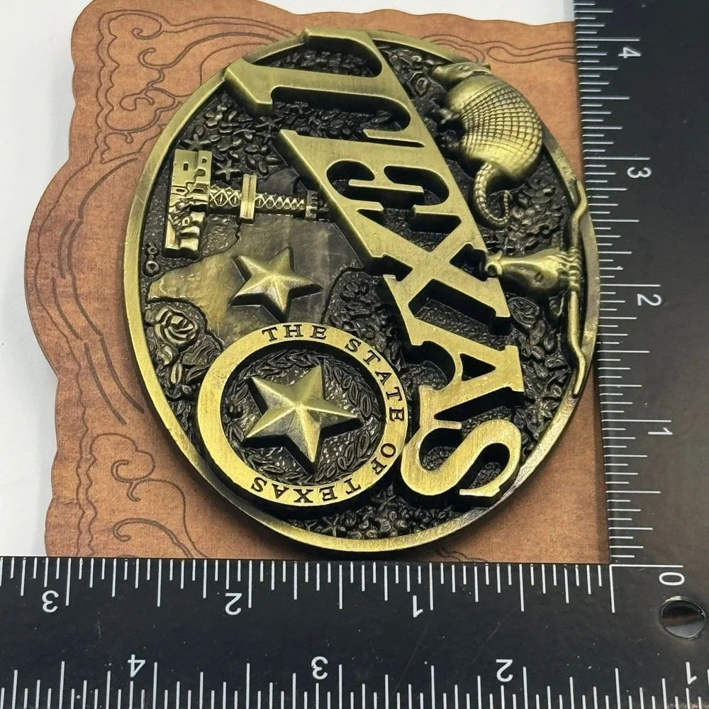 Texas‎ Belt Buckle Antique Brass Style Longhorn Armadillo Western SKU 15012